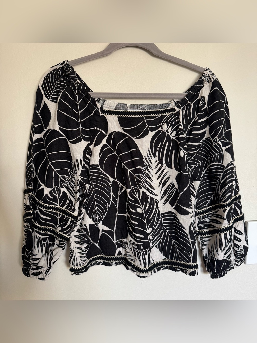 Cynthia Rowley Black White Leaf Print 100% Linen Blouse Crop Beach Size S